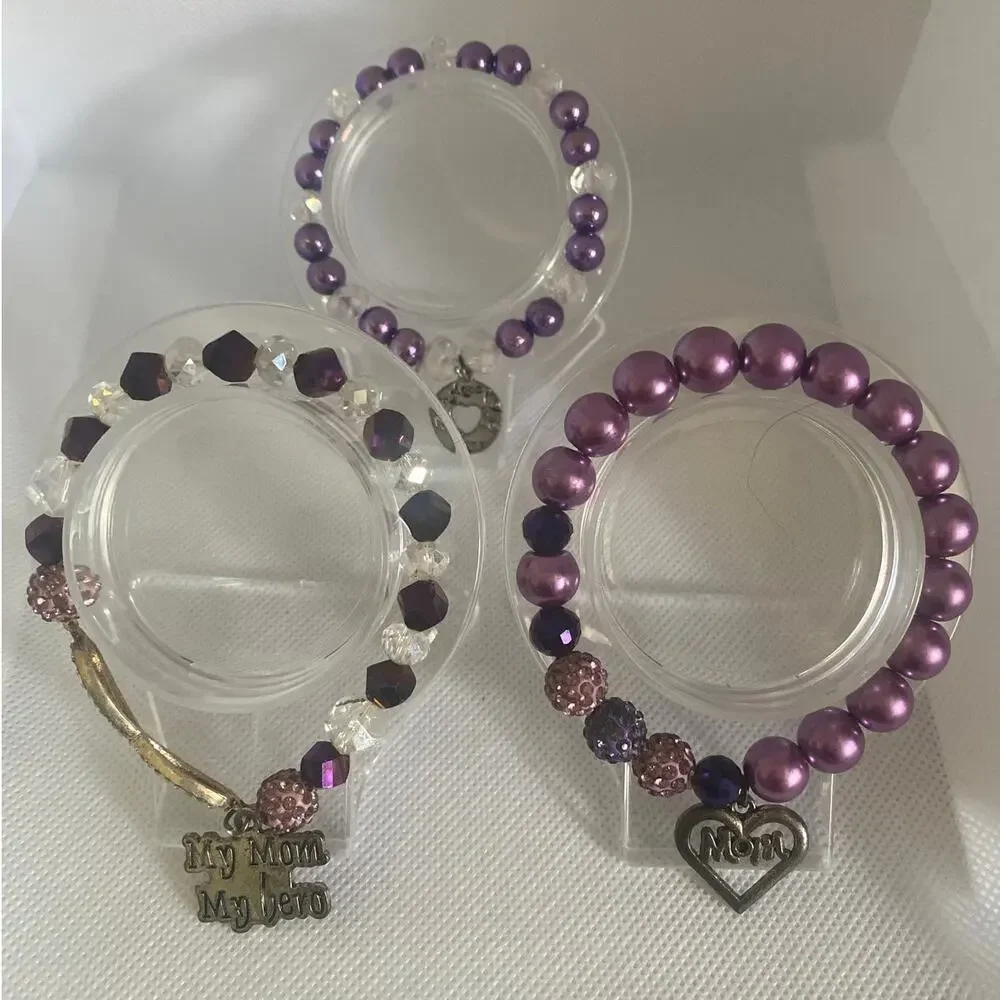 Purple Mom Charm Bracelet Set of 3 Beaded Faux Pearl Crystal Stretch Jewelry